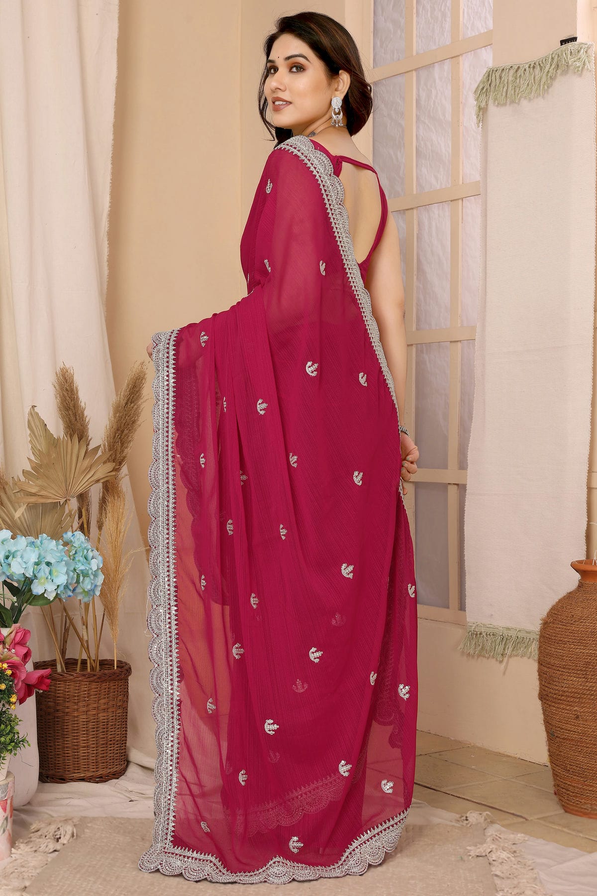 Pink Colour Chiffon Saree