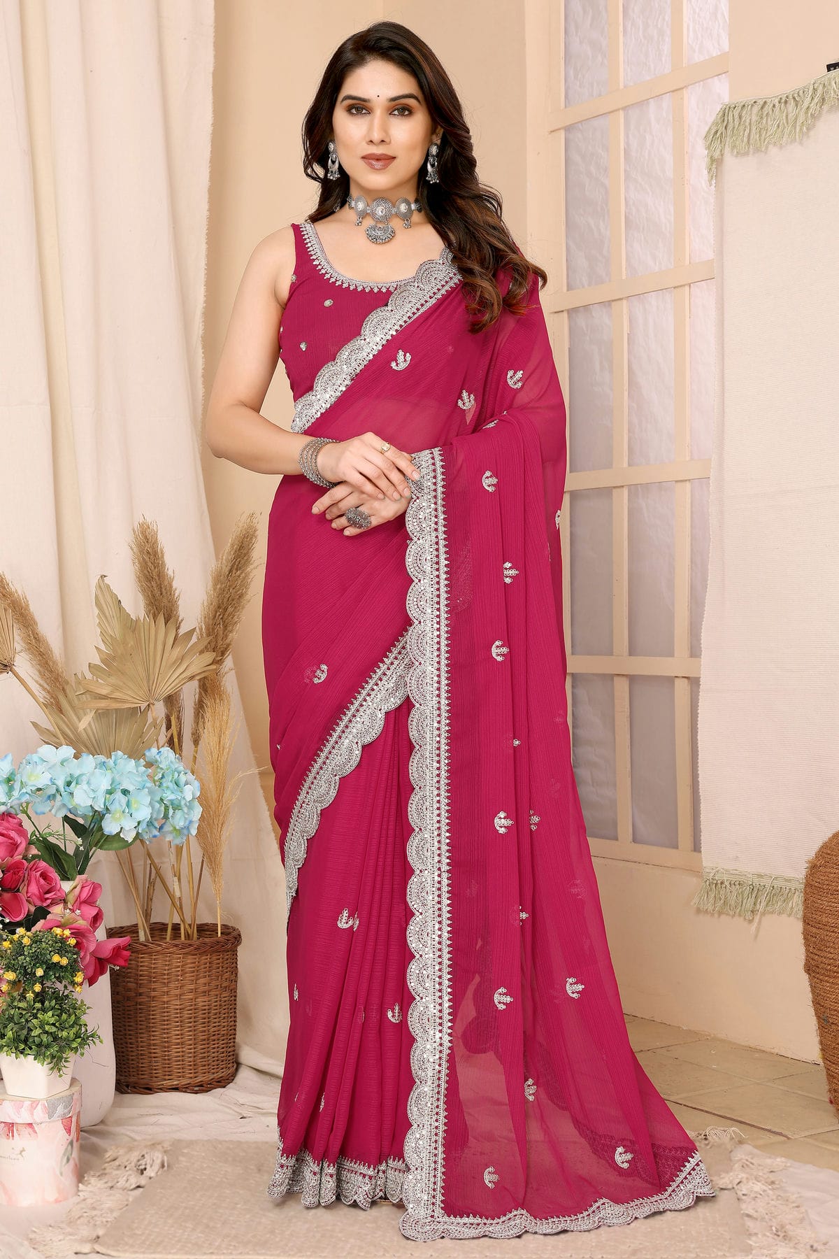 Pink Colour Chiffon Saree