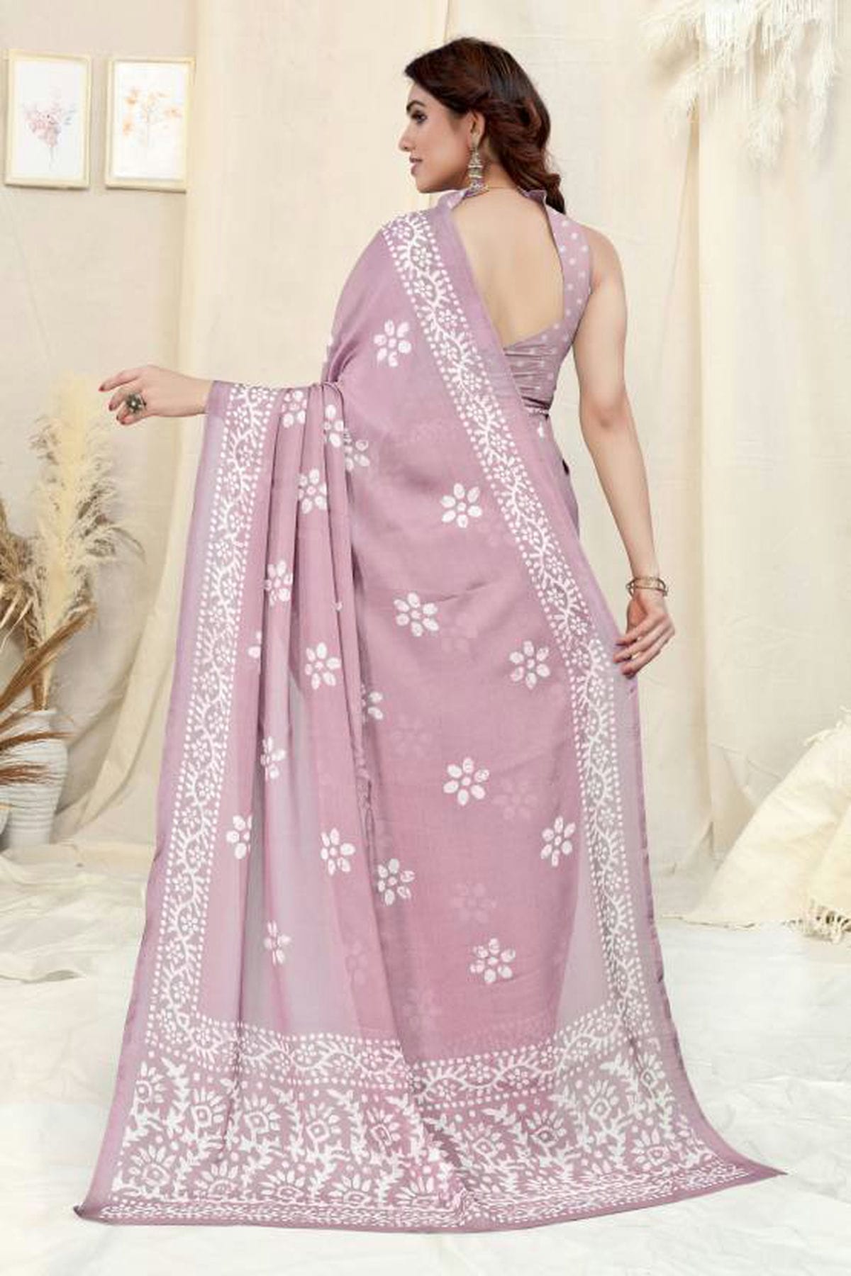 Pink Colour Chinon Chiffon Printed Saree