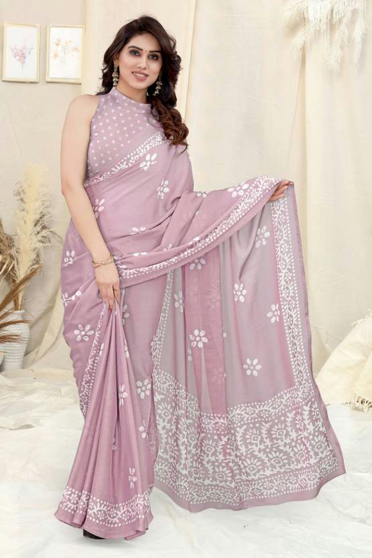 Pink Colour Chinon Chiffon Printed Saree