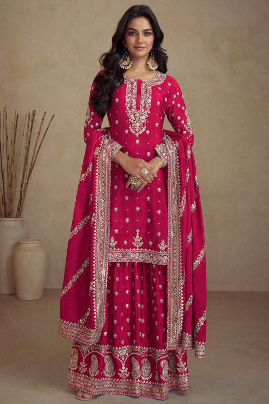 Pink Colour Chinon Palazzo Pant Suit