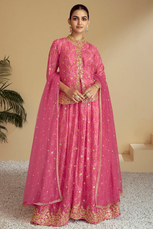 Pink Colour Chinon Palazzo Pant Suit