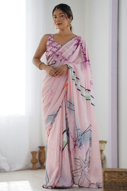 Pink Colour Chinon Printed Saree