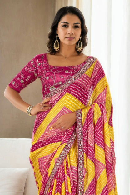 Pink Colour Chinon Printed Saree