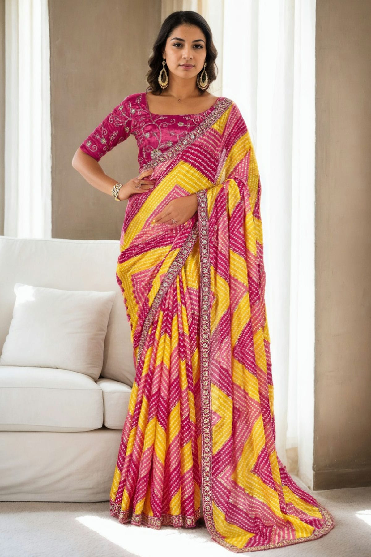 Pink Colour Chinon Printed Saree