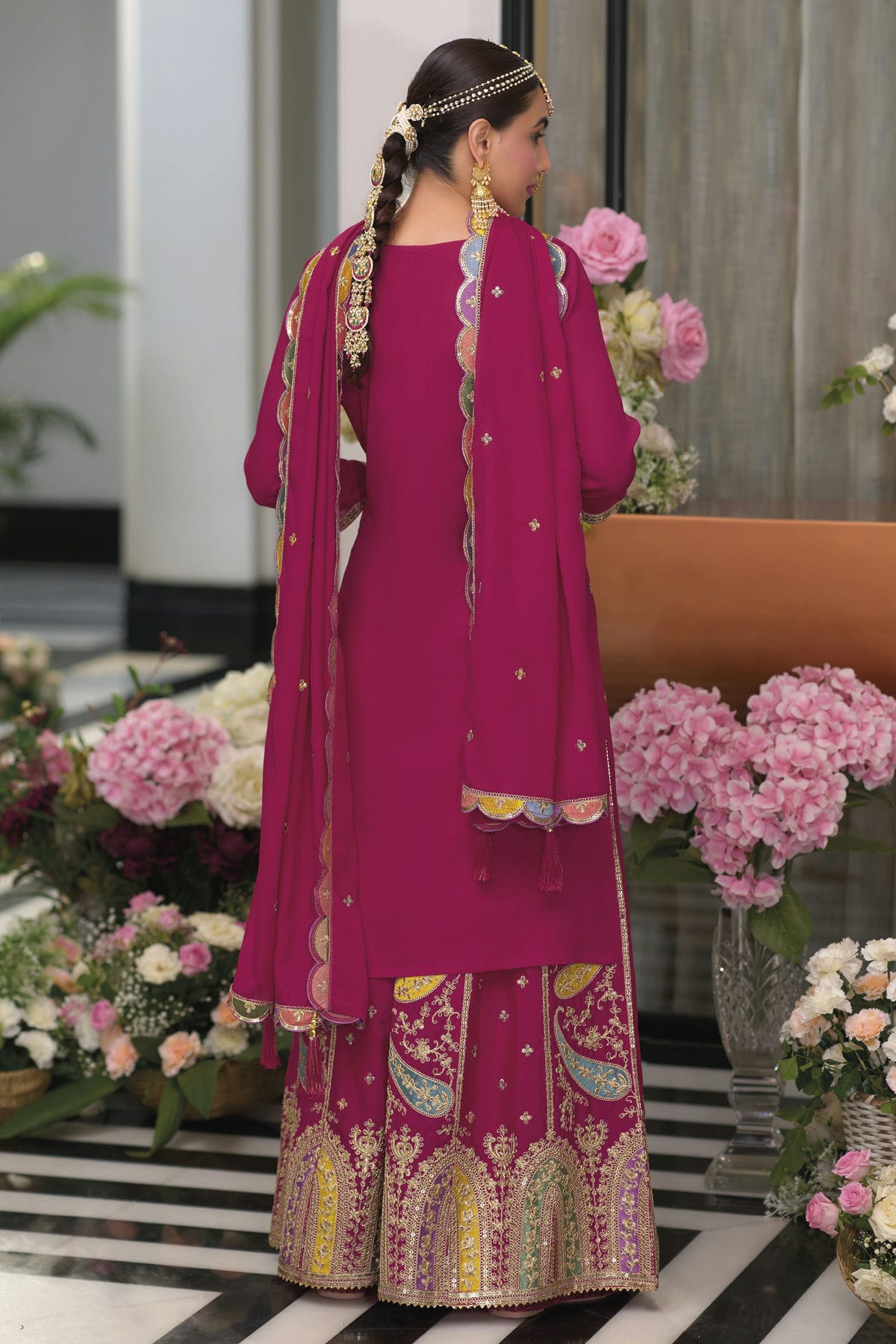 Pink Colour Chinon Readymade Palazzo Pant Suit