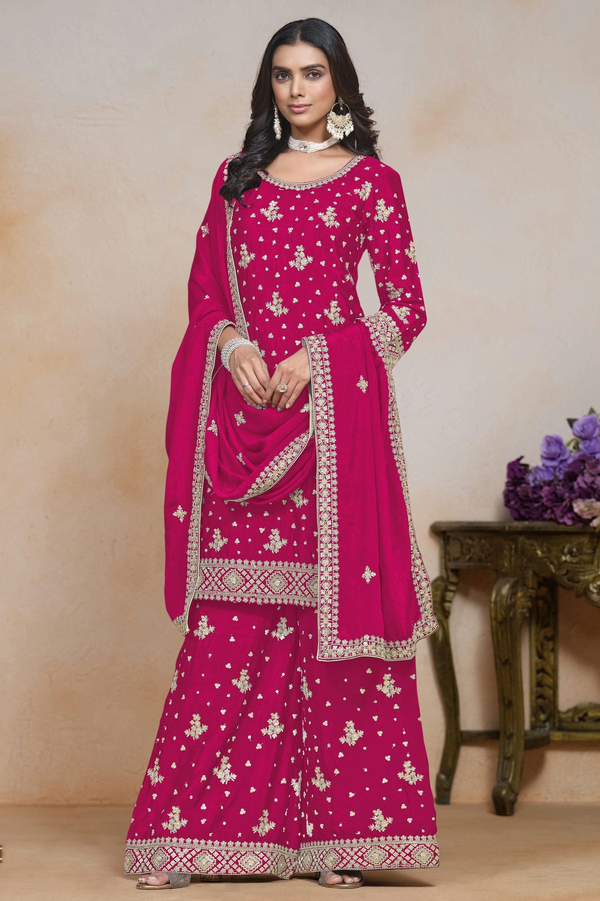 Pink Colour Chinon Semi Stitched Palazzo Pant Suit VSSM1050632