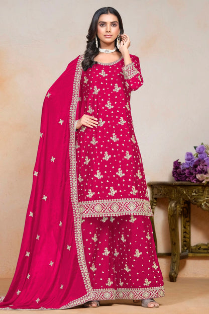 Pink Colour Chinon Semi Stitched Palazzo Pant Suit