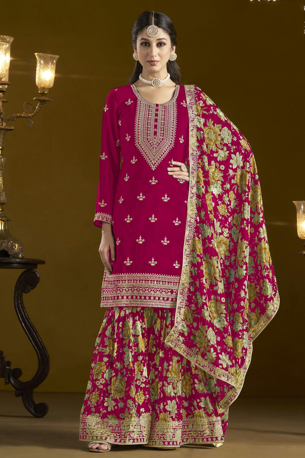 Pink Colour Chinon Semi Stitched Sharara Suit