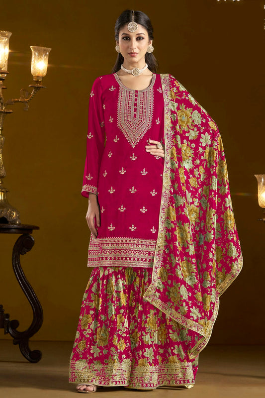 Pink Colour Chinon Semi Stitched Sharara Suit