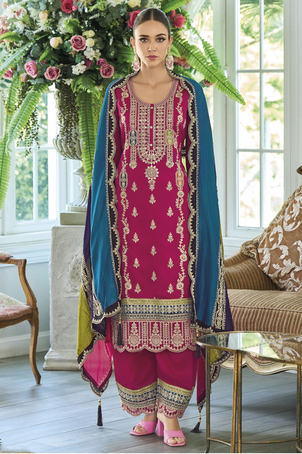 Pink Colour Chinon Silk Pakistani Suit