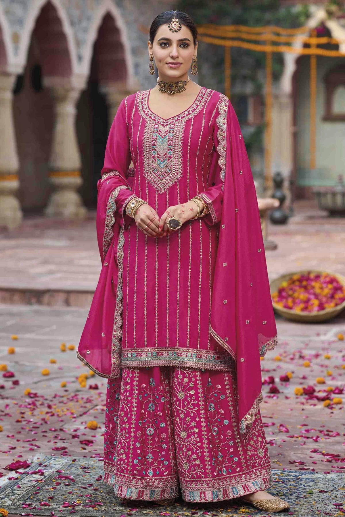 Pink Colour Chinon Stitched Palazzo Pant Suit VSSS1140758