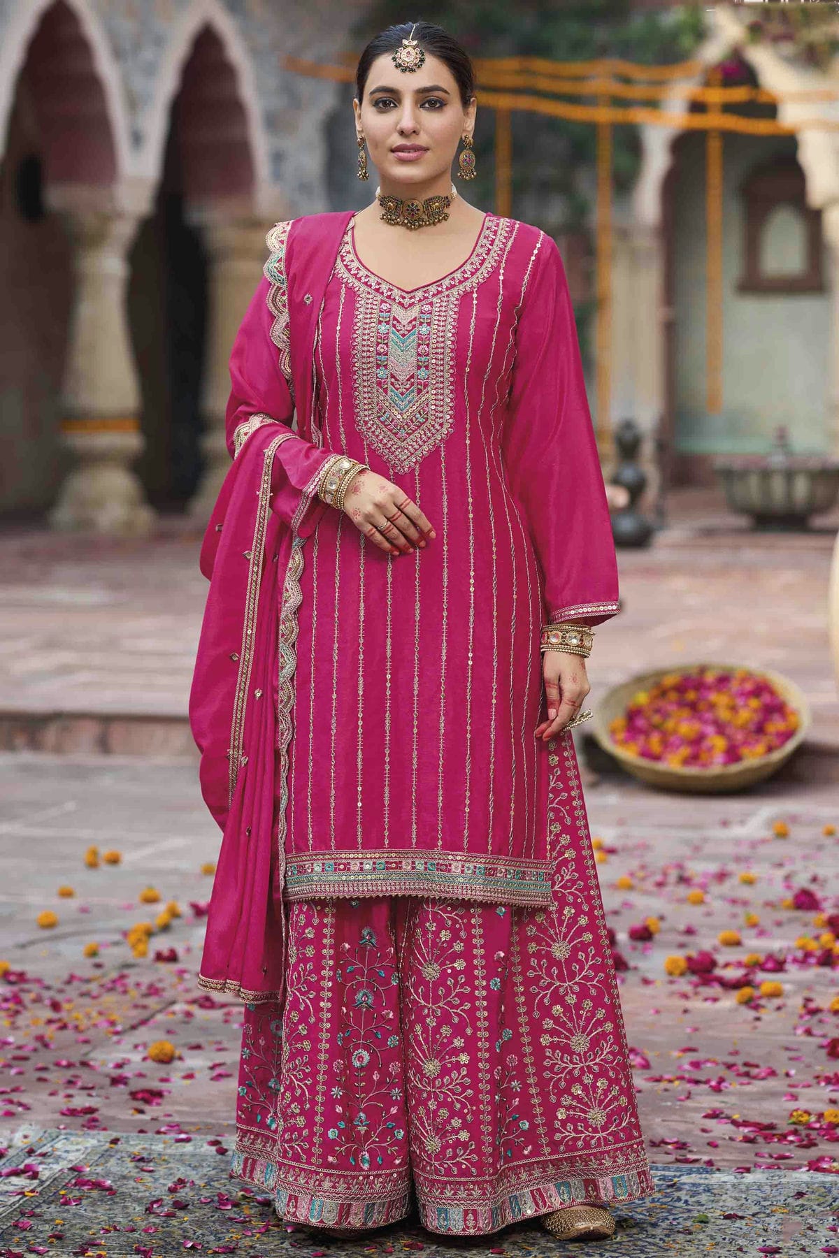 Pink Colour Chinon Stitched Palazzo Pant Suit VSSS1140758