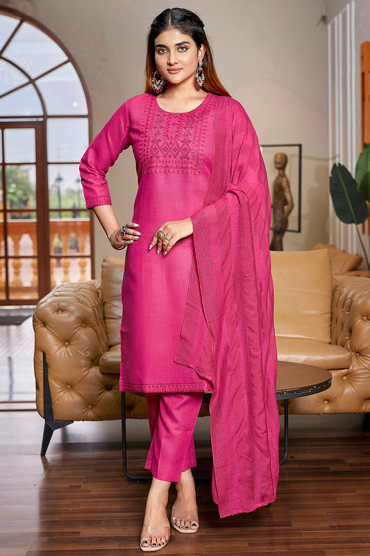 Pink Colour Cotton Blend Stitched Suit