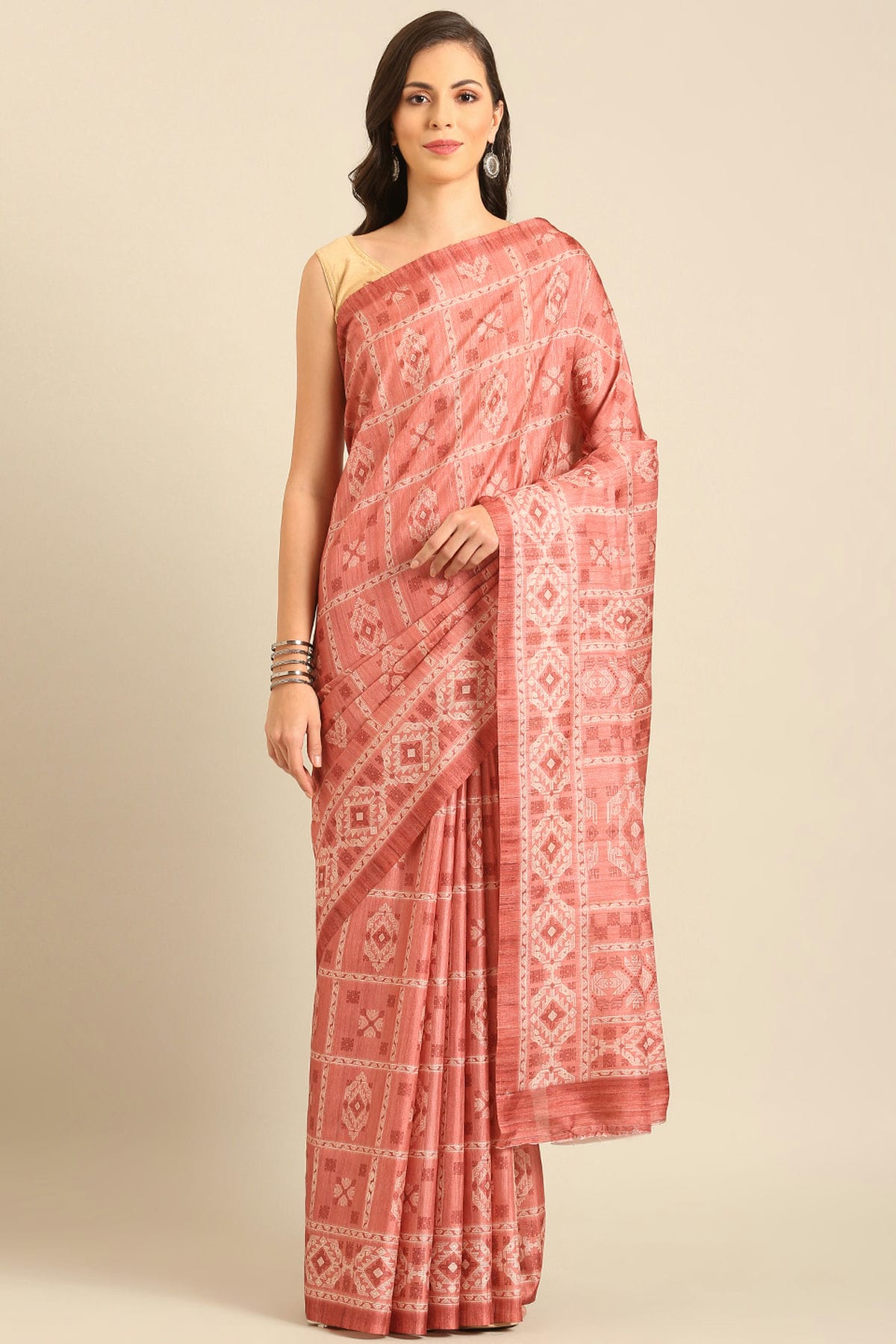 Pink Colour Cotton Katha Handloom Silk Saree