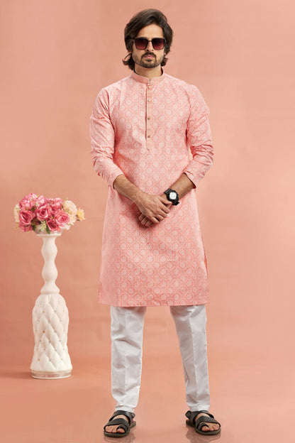 Pink Colour Cotton Thread Work Kurta Pajama VSKP1230181