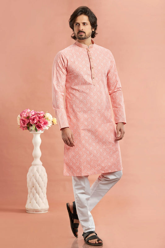 Pink Colour Cotton Thread Work Kurta Pajama