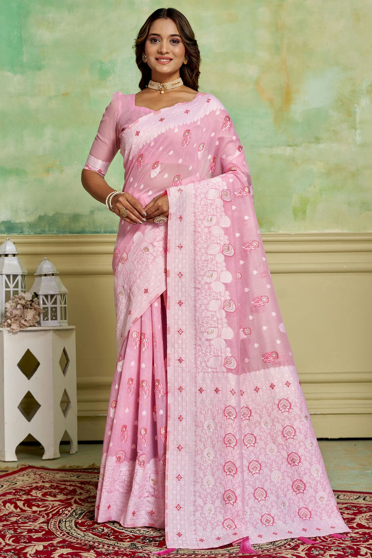 Pink Colour Cotton Traditional Saree