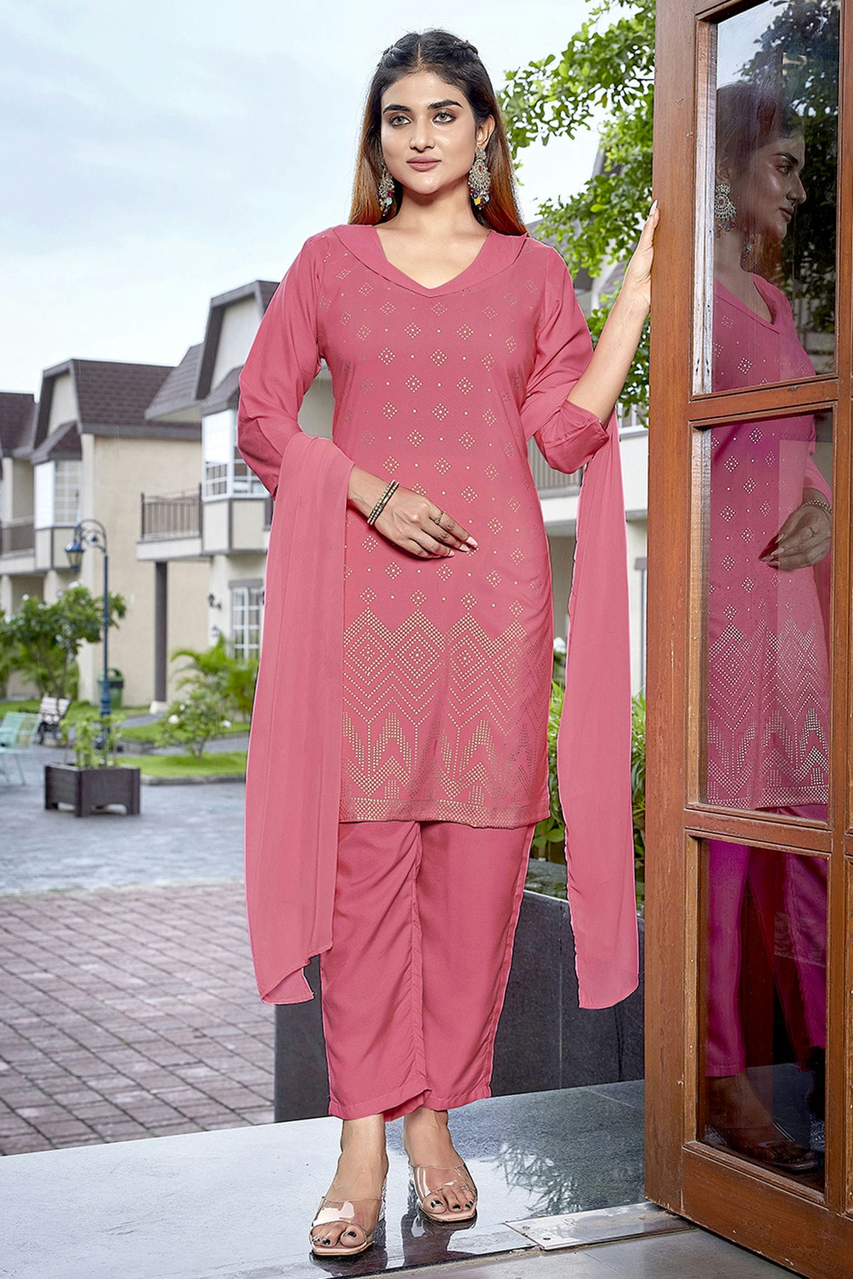 Pink Colour Crepe Stitched Suit