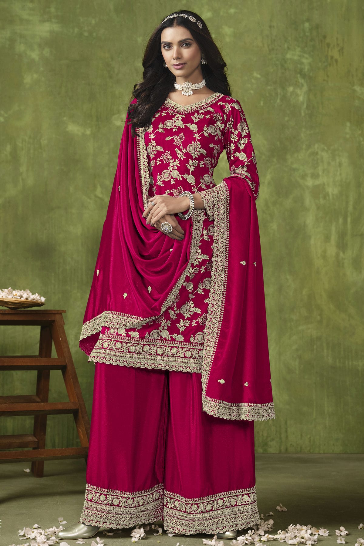 Pink Colour Dola Silk Jacquard Palazzo Pant Suit