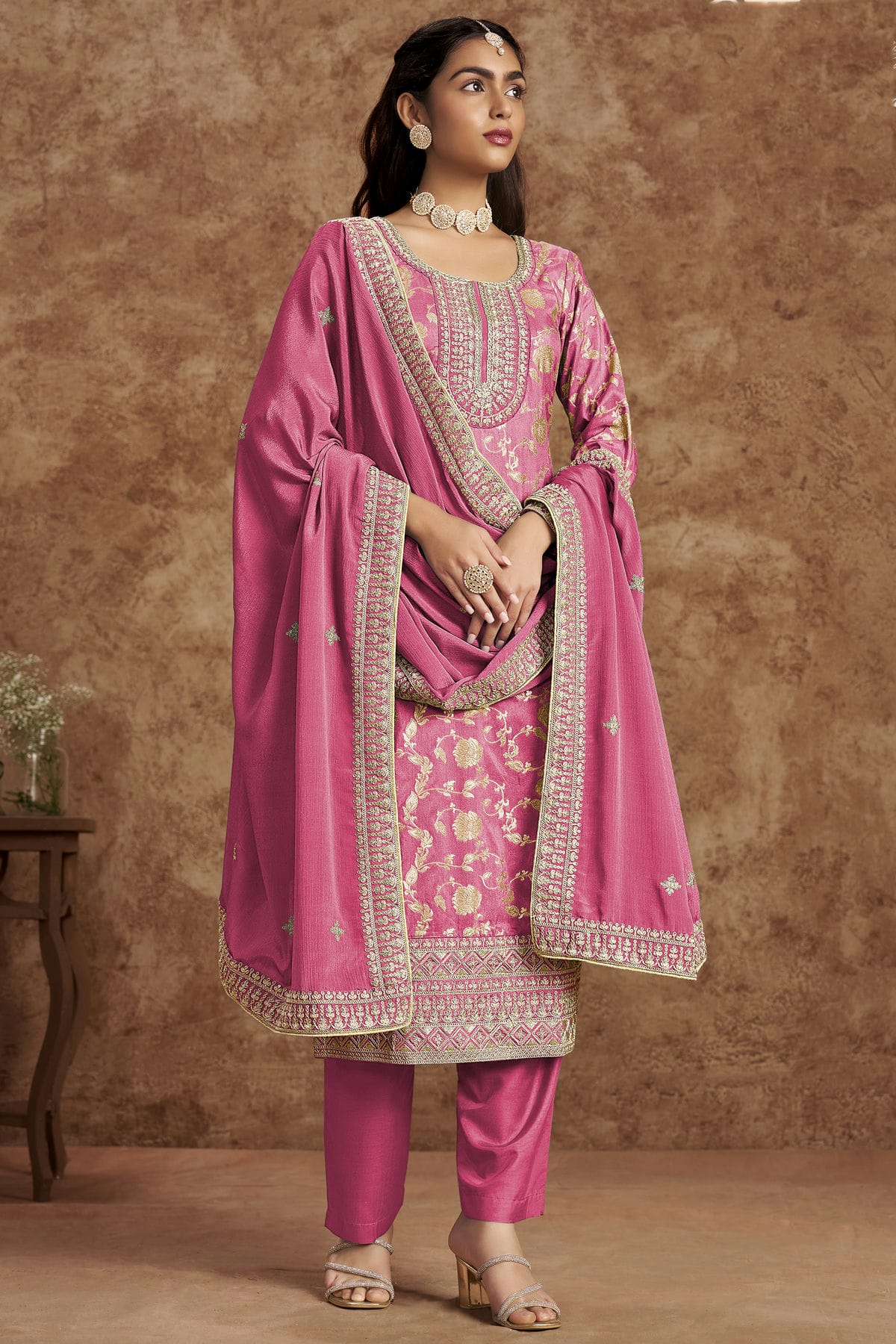 Pink Colour Dolla Silk Jacquard Straight Suit VSSM1050681