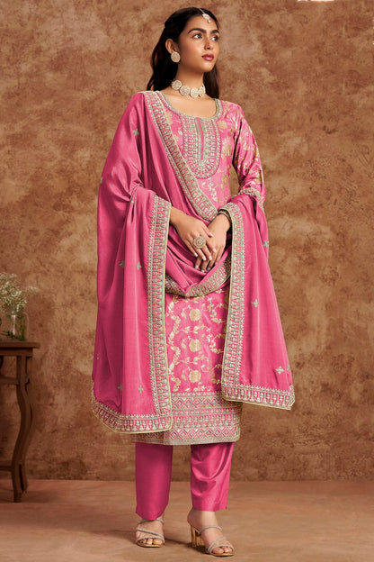 Pink Colour Dolla Silk Jacquard Straight Suit VSSM1050681