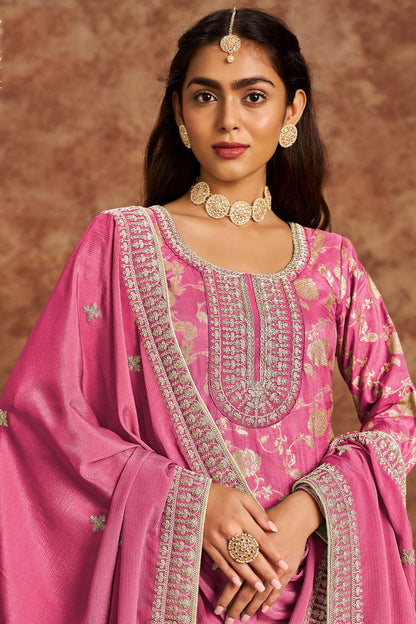 Pink Colour Dolla Silk Jacquard Straight Suit VSSM1050681