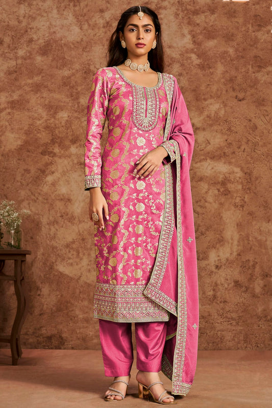 Pink Colour Dolla Silk Jacquard Straight Suit