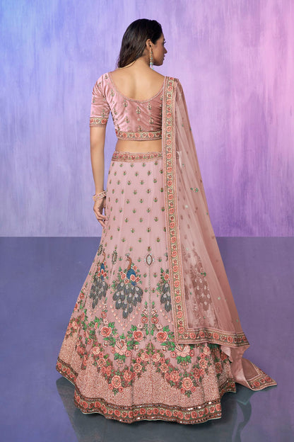 Pink Colour Embroidery Velvet Lehenga Choli