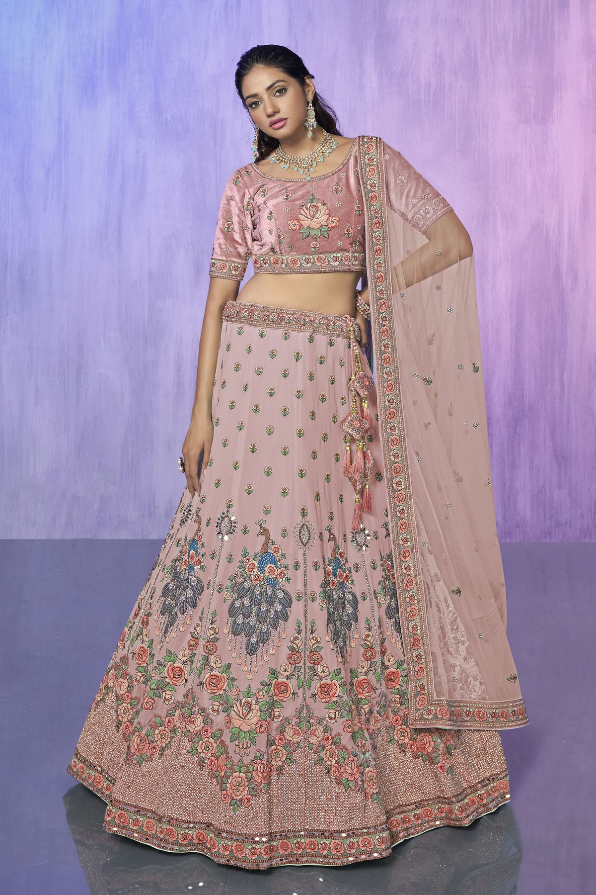 Pink Colour Embroidery Velvet Lehenga Choli