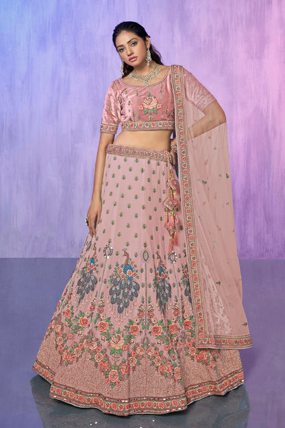 Pink Colour Embroidery Velvet Lehenga Choli