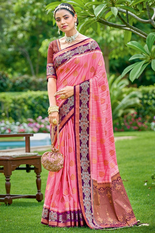 Pink Colour Embroidery Work Banarasi Silk Saree