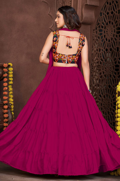 Pink Colour Embroidery Work French Crepe Navratri Lehenga