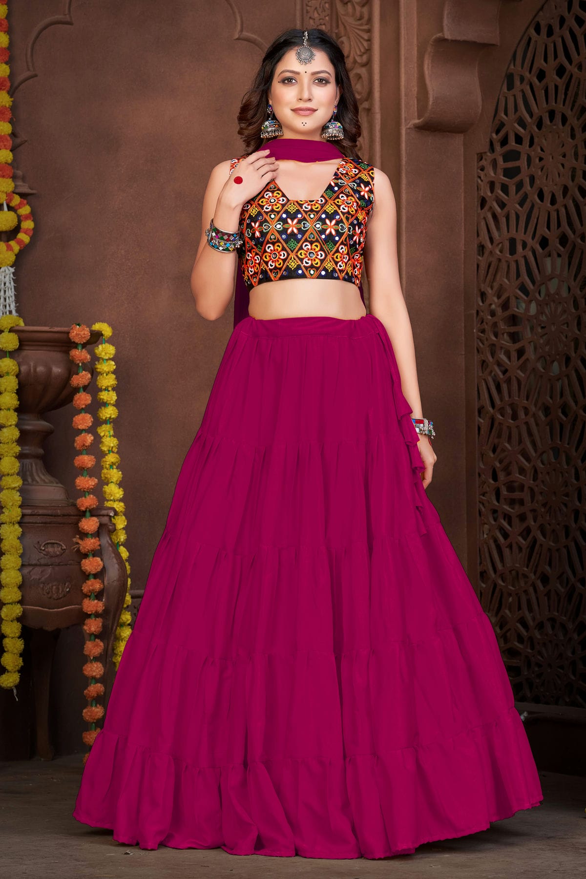 Pink Colour Embroidery Work French Crepe Navratri Lehenga