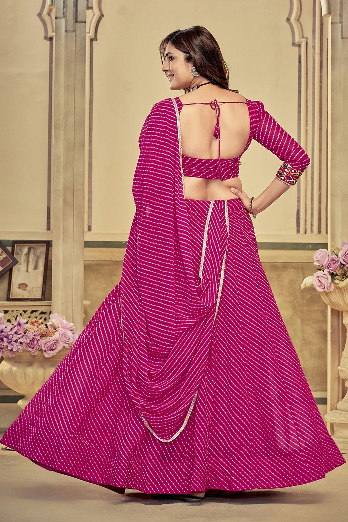 Pink Colour Embroidery Work Georgette Navratri Lehenga