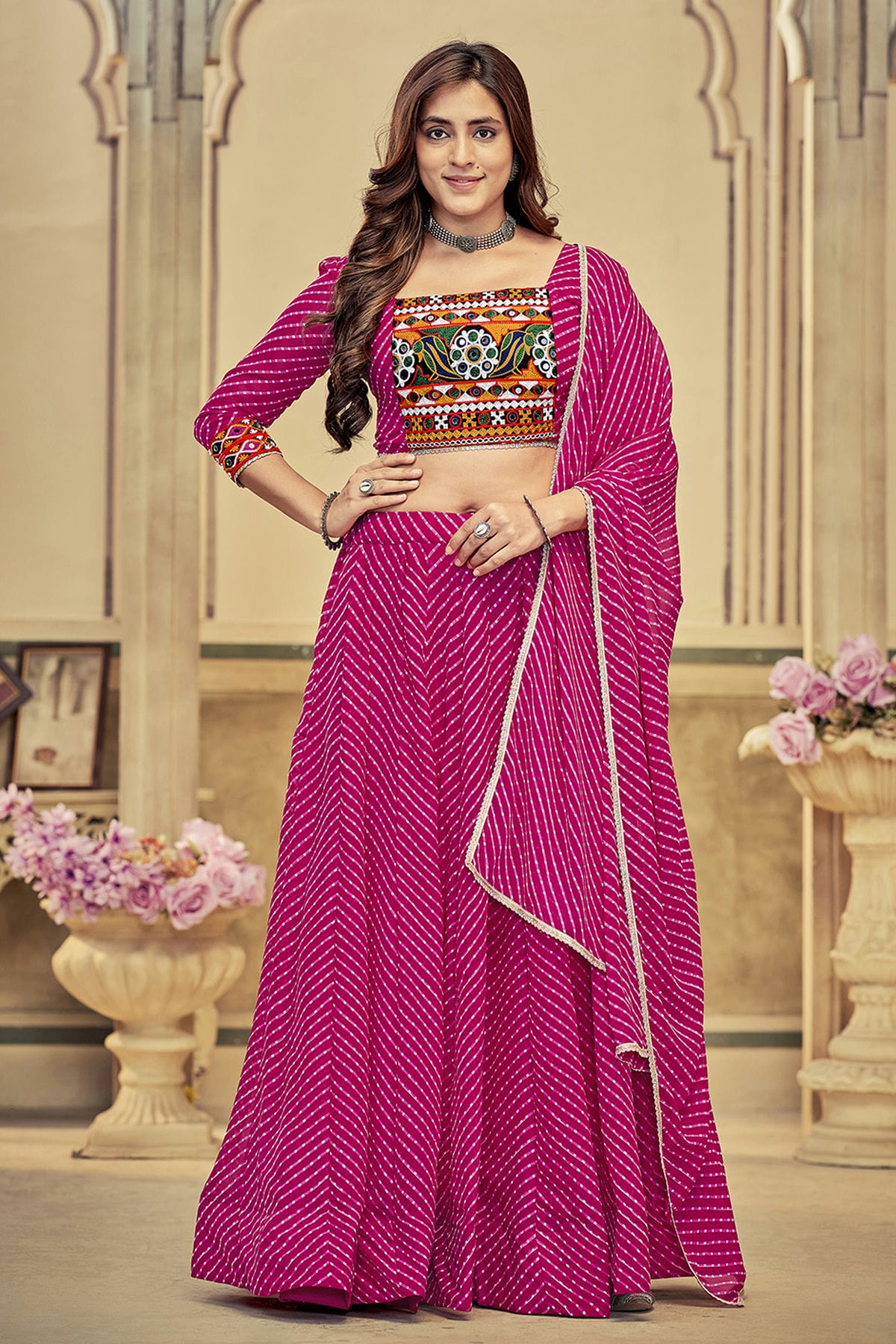 Pink Colour Embroidery Work Georgette Navratri Lehenga