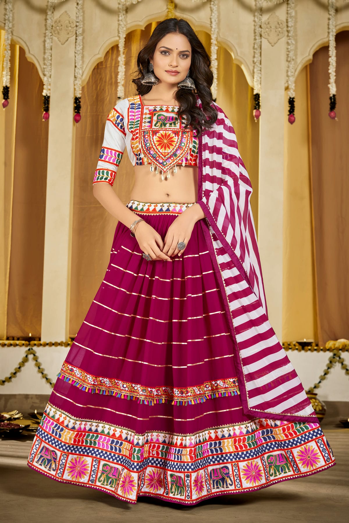 Pink Colour Embroidery Work Georgette Navratri Lehenga