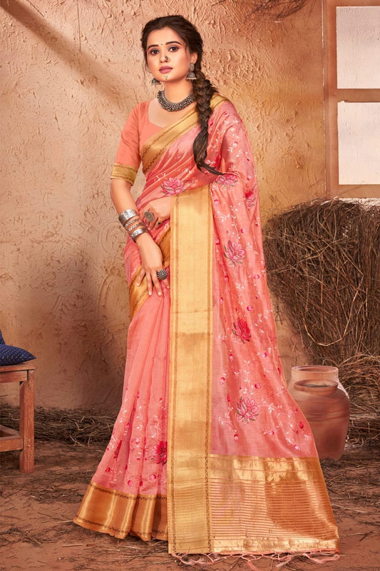 Pink Colour Embroidery Work Organza Saree