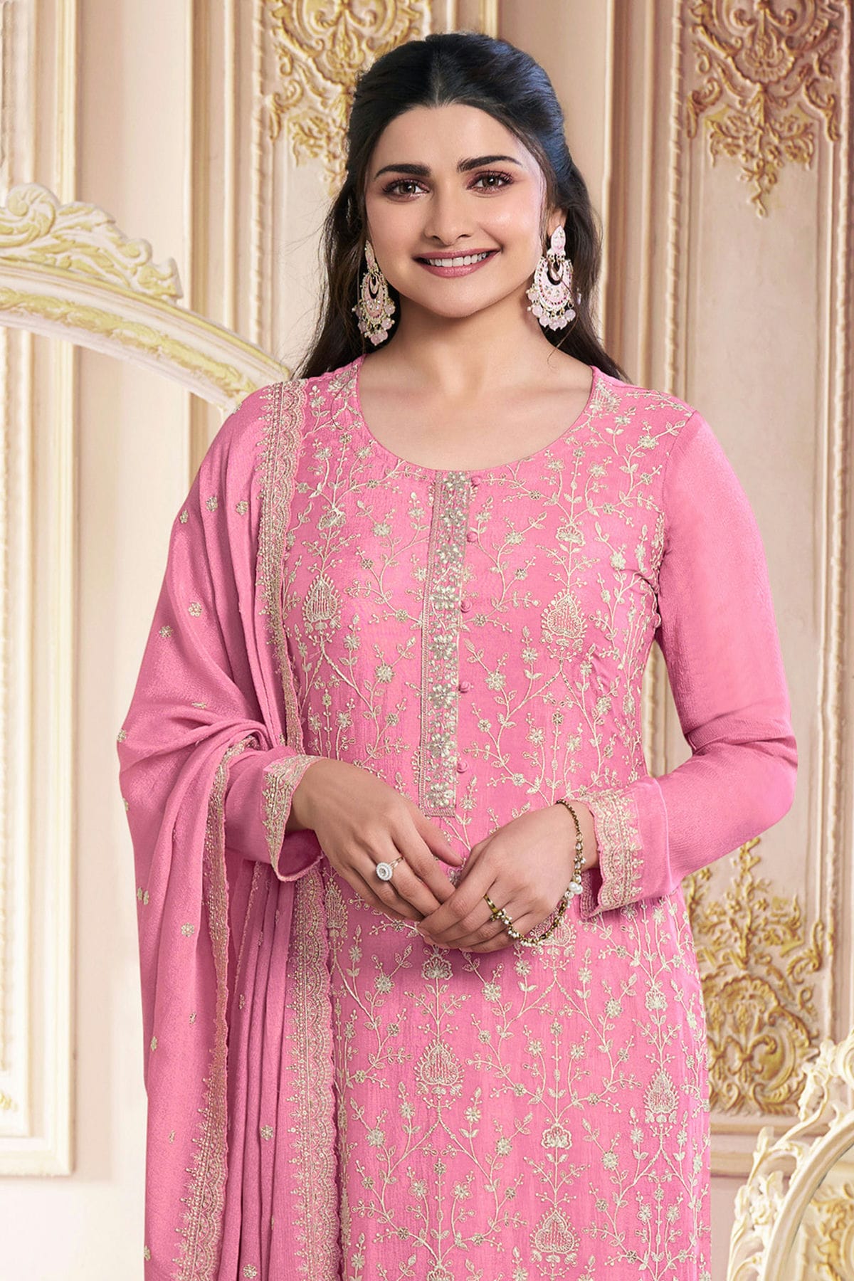 Pink Colour Faux Georgette Semi Stitched Pant Style Suit VSSM1140492