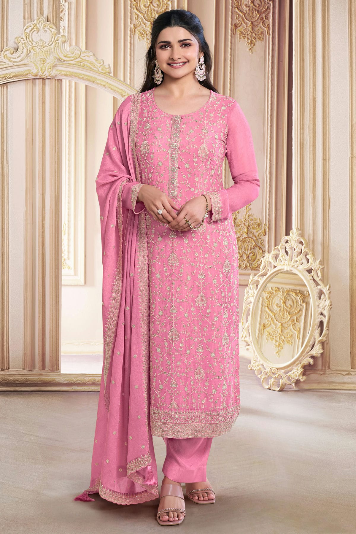 Pink Colour Faux Georgette Semi Stitched Pant Style Suit