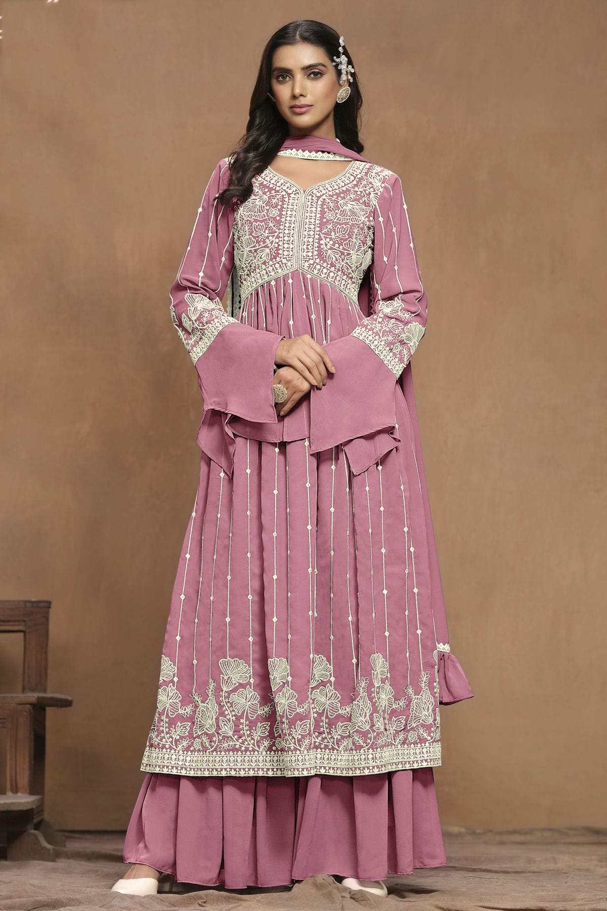 Pink Colour Faux Georgette Semi Stitched Sharara Suit