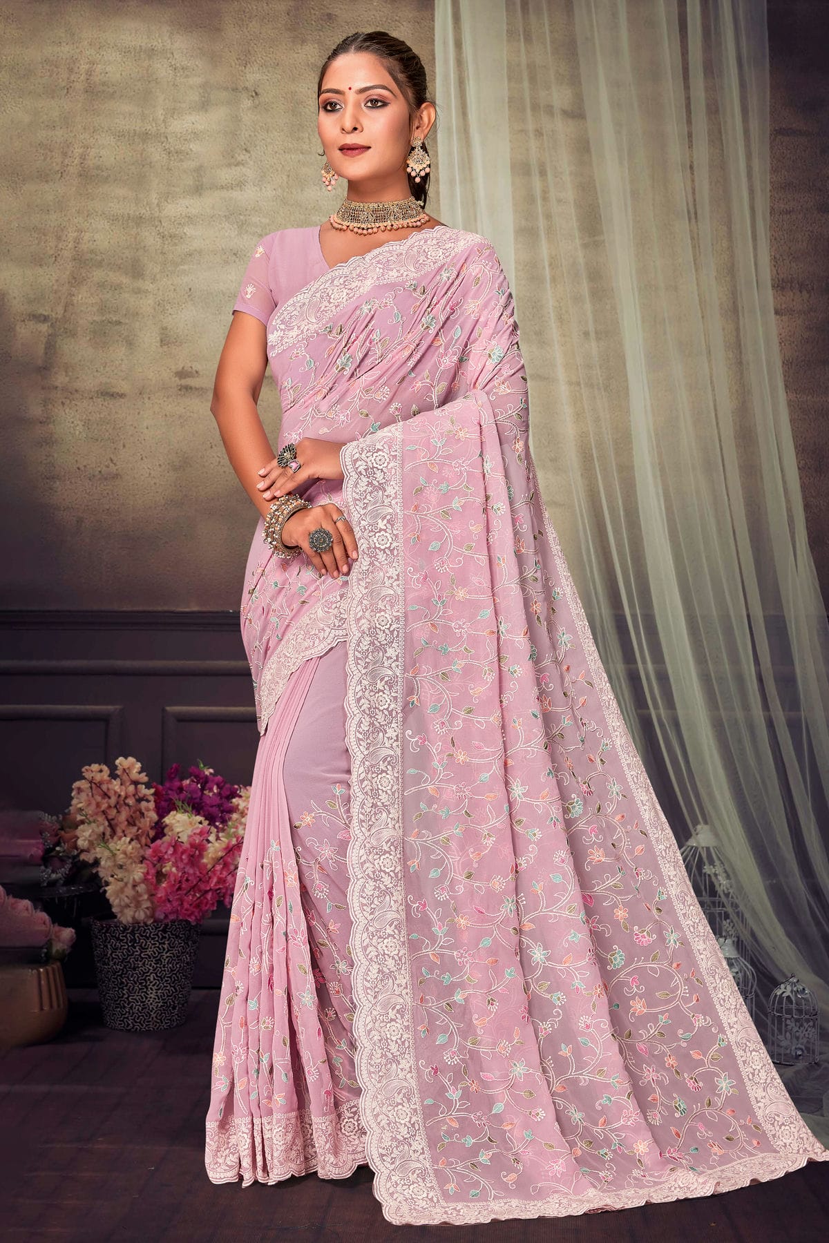 Pink Colour Georgette Designer Saree