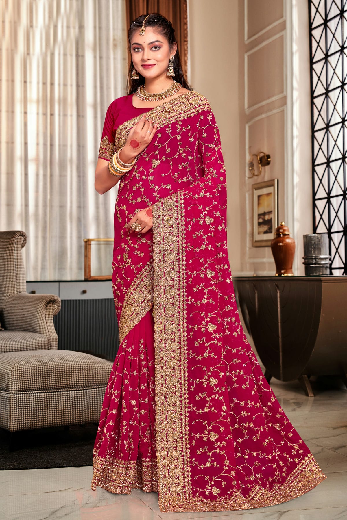 Pink Colour Georgette Designer Saree