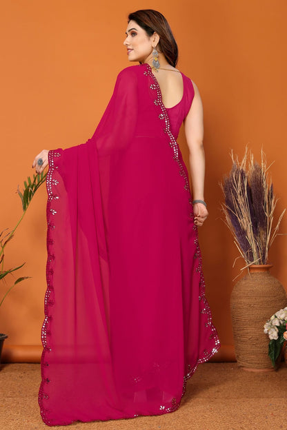 Pink Colour Georgette Mirror Work Saree