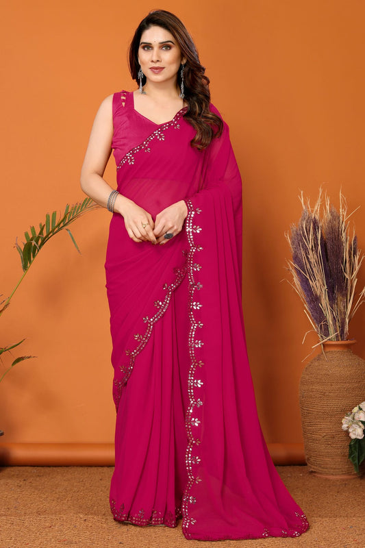 Pink Colour Georgette Mirror Work Saree