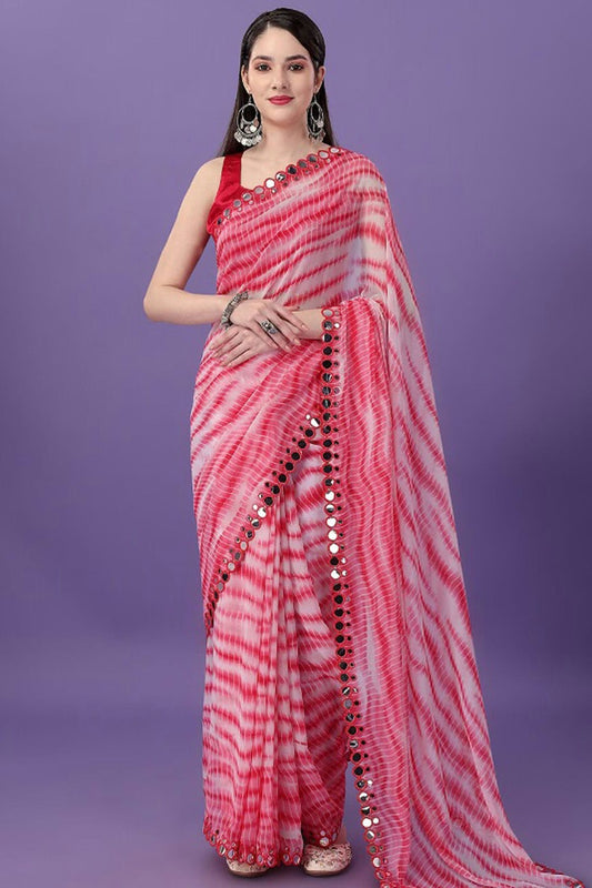 Pink Colour Georgette Mirror Work Saree