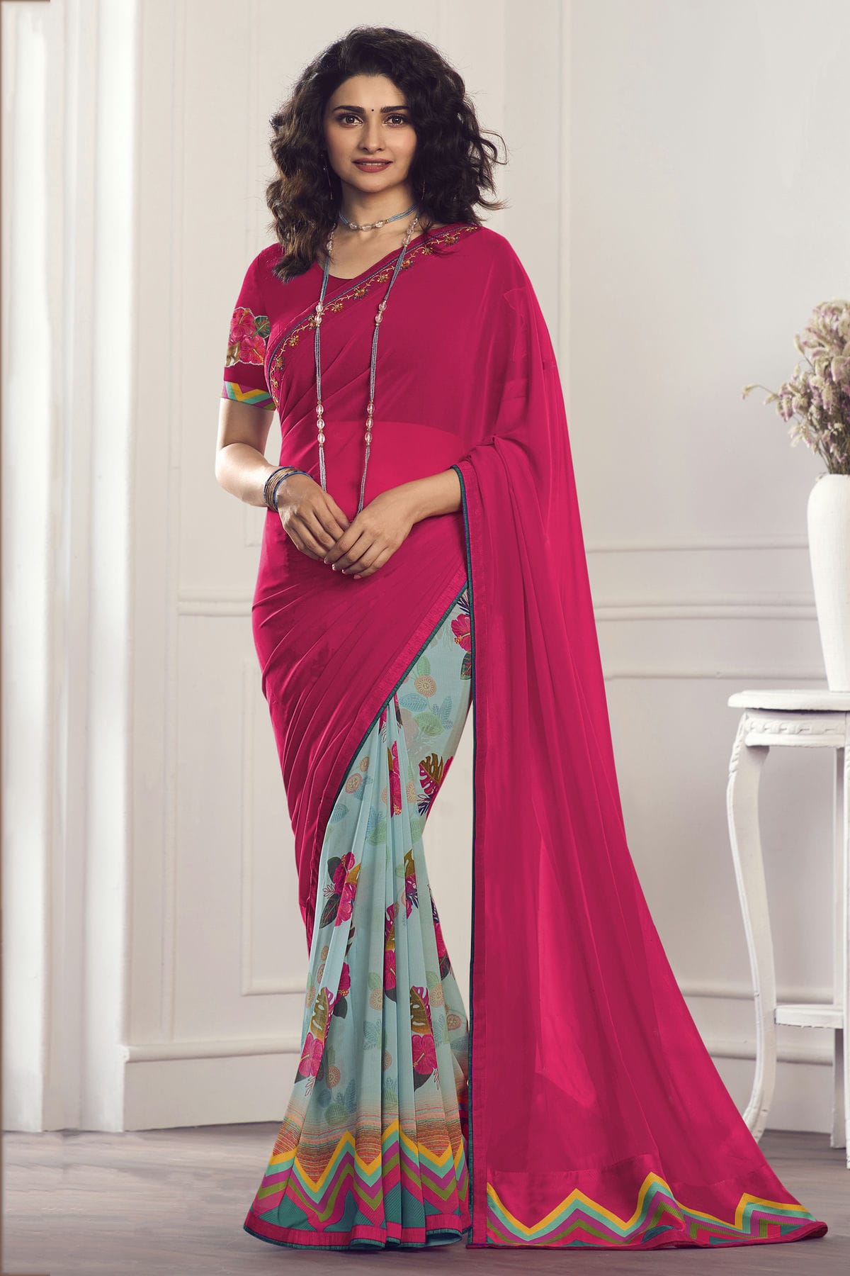 Pink Colour Georgette Printed Saree