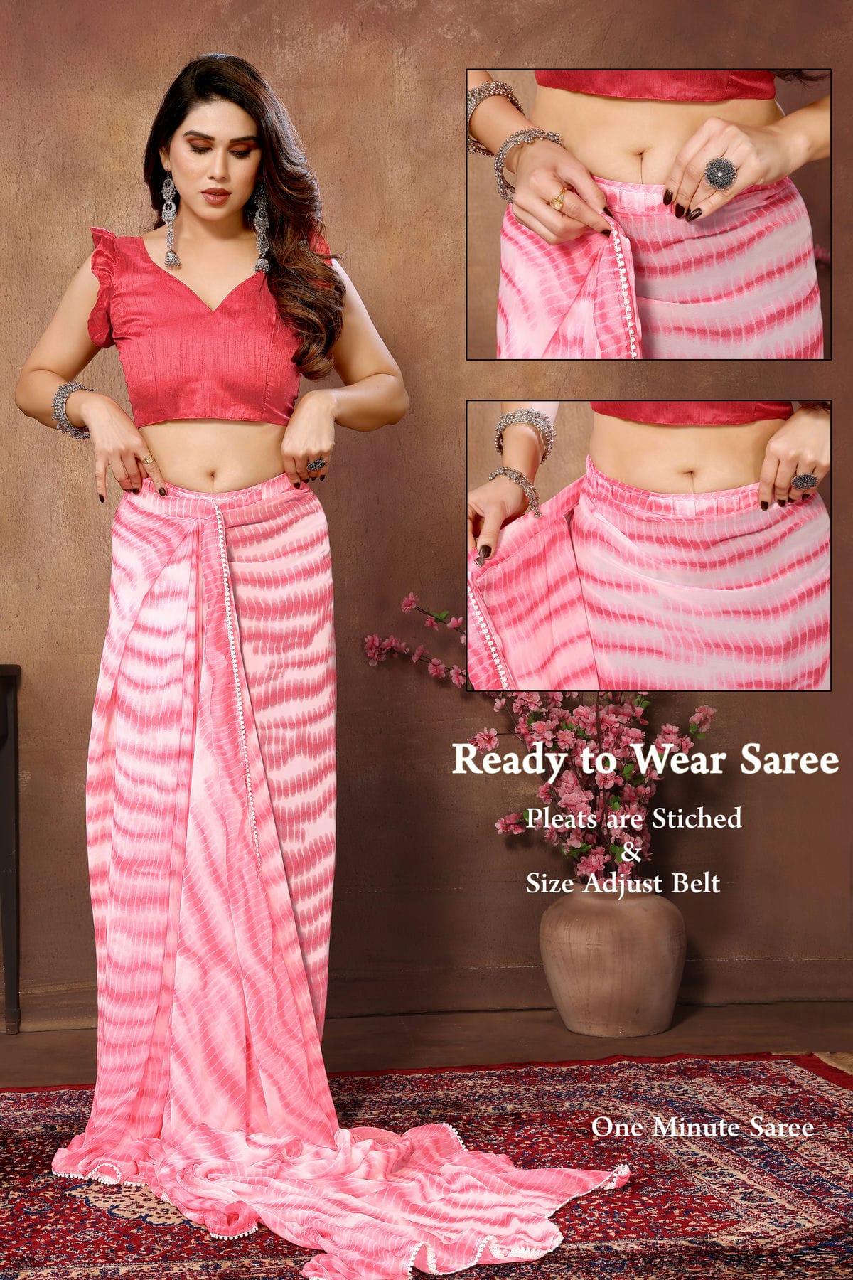 Pink Colour Georgette Ready To Wear Saree