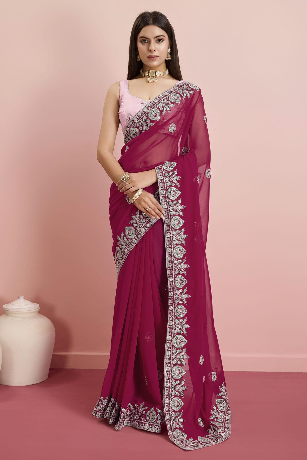 Pink Colour Georgette Saree