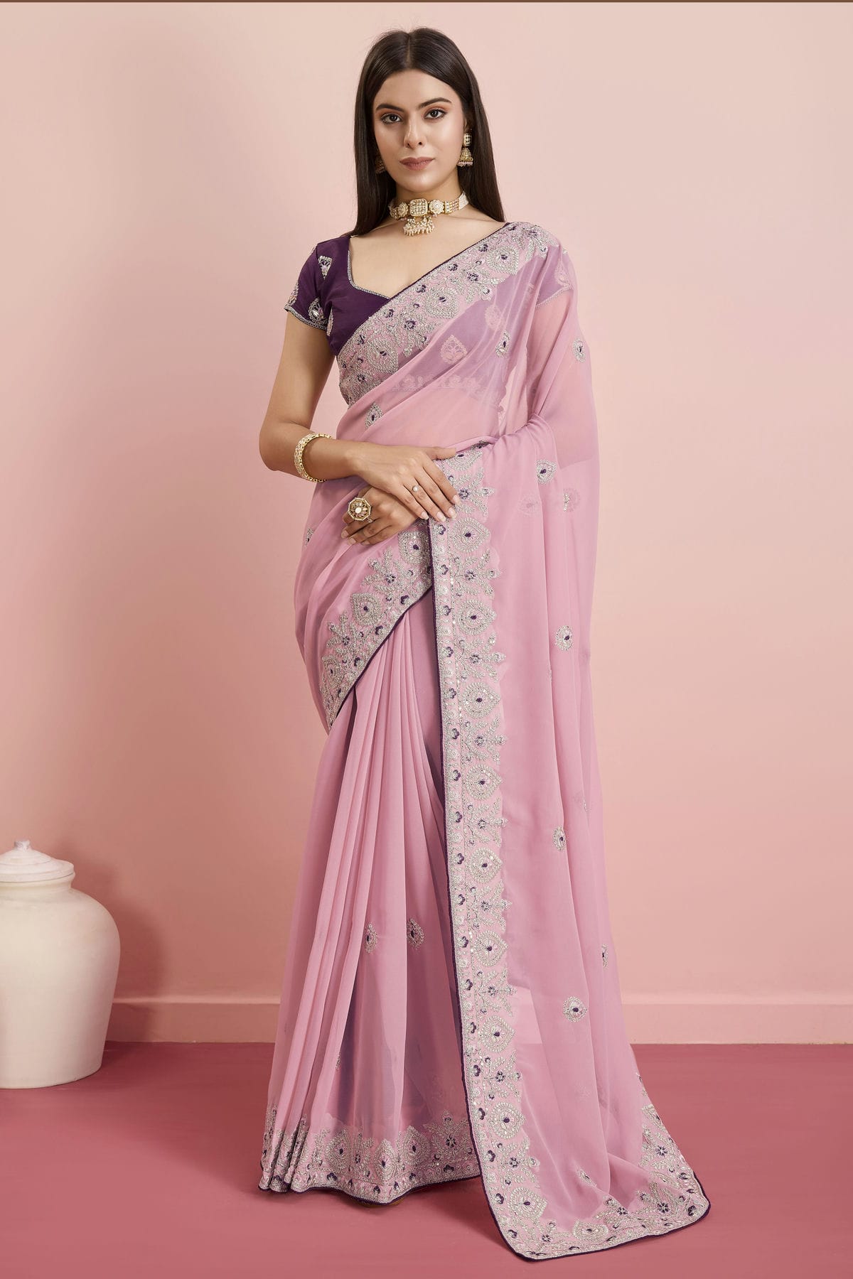 Pink Colour Georgette Saree